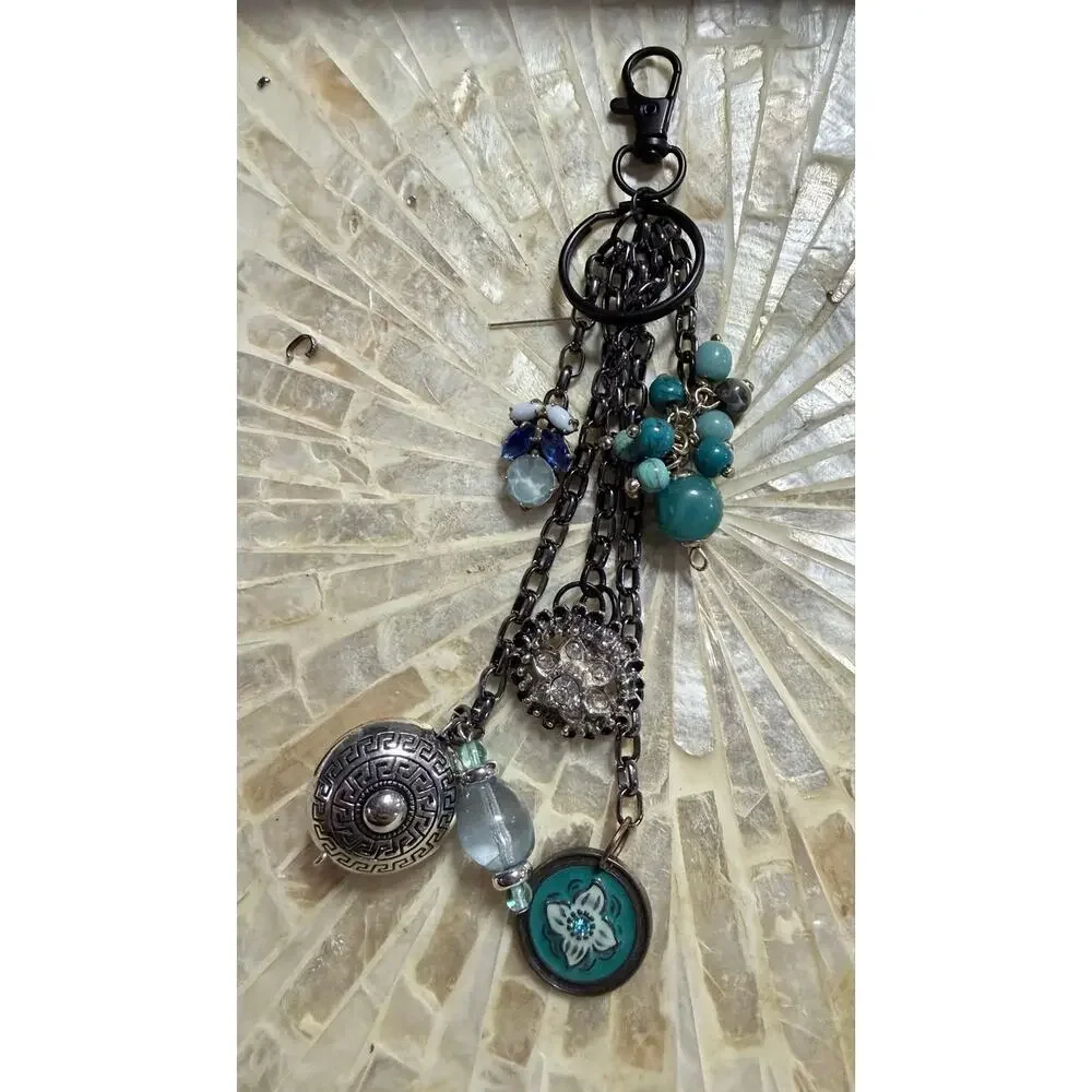 Handmade Vintage Jewelry Purse Charm Keychain Blue Teal OOAK